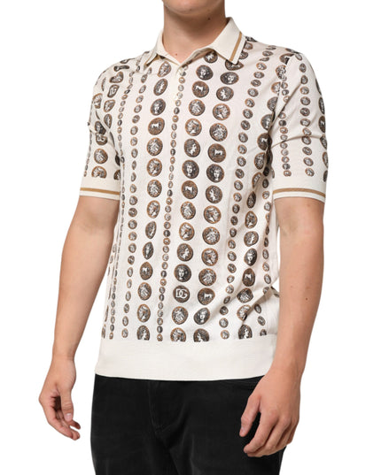 Dolce & Gabbana Silk Ivory Coin Print Logo Men Polo T-shirt