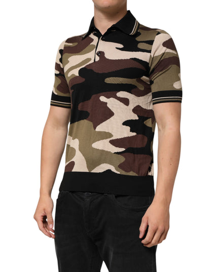 Dolce & Gabbana Camouflage Brown Silk MilitaryPolo T-shirt