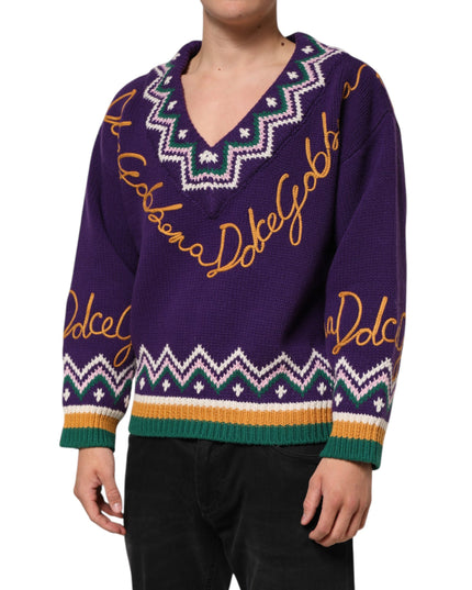 Dolce & Gabbana Purple Wool DG Logo Men Knit Pullover Sweater