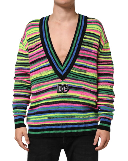 Dolce & Gabbana Multicolor DG Logo V-Neck Knit Pullover Sweater