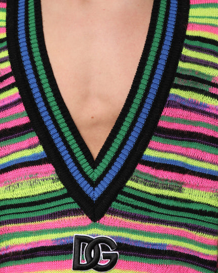 Dolce & Gabbana Multicolor DG Logo V-Neck Knit Pullover Sweater