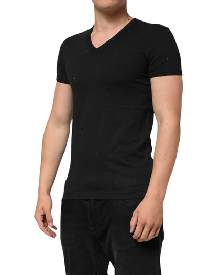 Dolce & Gabbana Black Cotton Tattered Logo V-Neck Men T-shirt