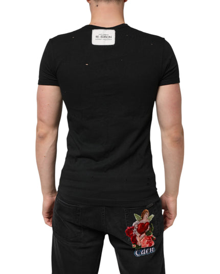 Dolce & Gabbana Black Cotton Tattered Logo V-Neck Men T-shirt