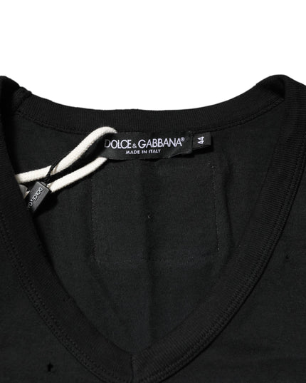 Dolce & Gabbana Black Cotton Tattered Logo V-Neck Men T-shirt