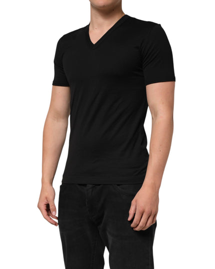 Dolce & Gabbana Black Cotton Plain V-Neck Men Shirt T-shirt