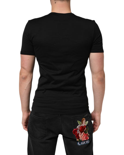 Dolce & Gabbana Black Cotton Plain V-Neck Men Shirt T-shirt