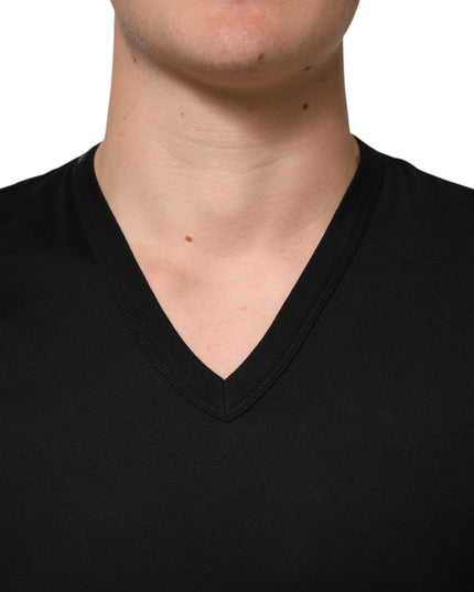 Dolce & Gabbana Black Cotton Plain V-Neck Men Shirt T-shirt