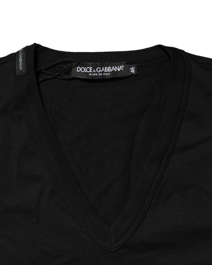 Dolce & Gabbana Black Cotton Plain V-Neck Men Shirt T-shirt