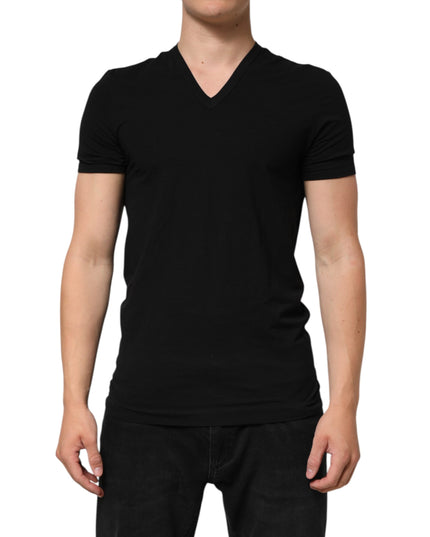 Dolce & Gabbana Black Cotton Slim Fit Men V-Neck Shirt T-shirt