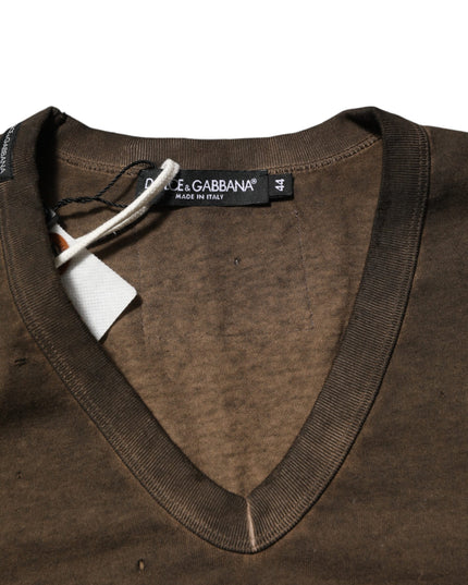 Dolce & Gabbana Dark Brown Cotton Tattered Logo Men T-shirt