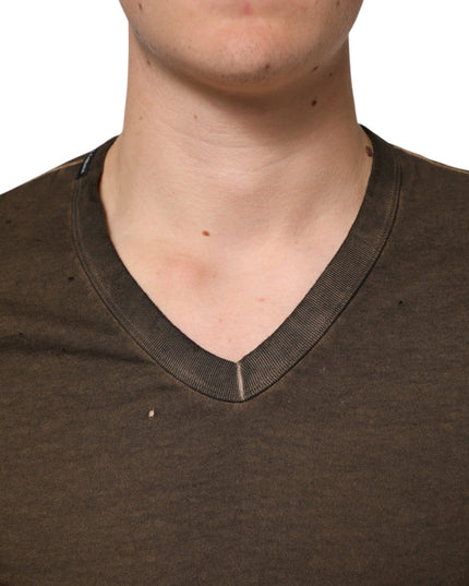 Dolce & Gabbana Dark Brown Cotton Tattered Logo Men T-shirt