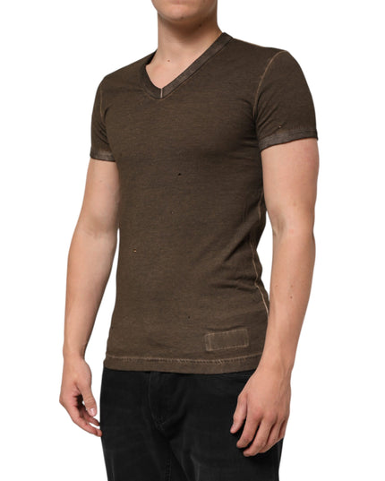 Dolce & Gabbana Dark Brown Cotton Tattered Logo Men T-shirt