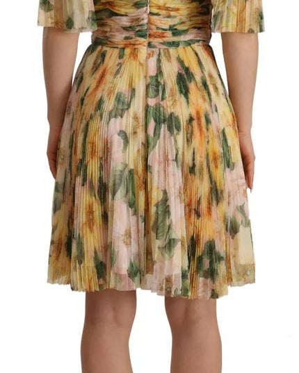 Dolce & Gabbana Yellow Floral Print Pleated Maxi Dress