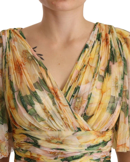 Dolce & Gabbana Yellow Floral Print Pleated Maxi Dress
