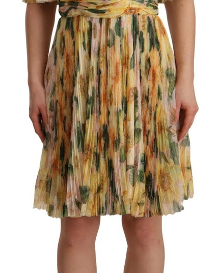Dolce & Gabbana Yellow Floral Print Pleated Maxi Dress