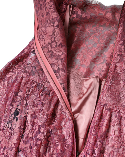Dolce & Gabbana Pink Floral Lace Long Sleeve Midi Dress