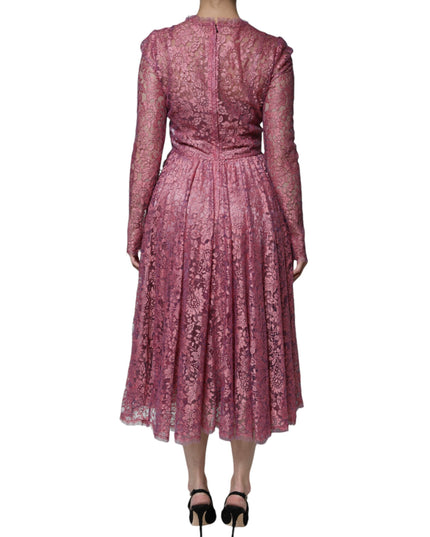 Dolce & Gabbana Pink Floral Lace Long Sleeve Midi Dress