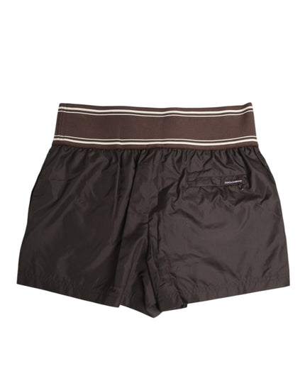 Dolce & Gabbana Brown Polyester Logo Elastic Waistband Swimwear