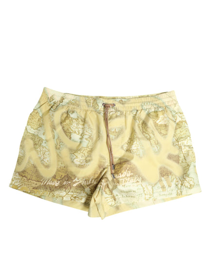 Dolce & Gabbana Yellow World Map Polyester Elastic Waistband Swimwear