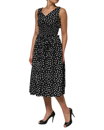 Dolce & Gabbana Black White Cotton Polka Dot Print V Neck Dress