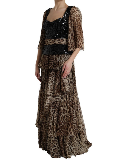 Dolce & Gabbana Leopard Print Silk Sequin Ruffle Maxi Dress