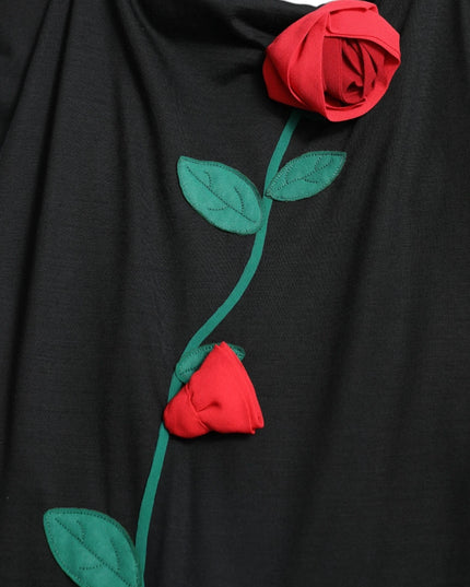 Dolce & Gabbana Black Wool Sleeveless Rose Applique Dress