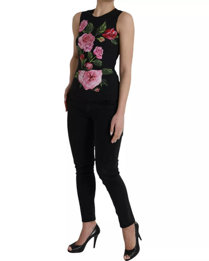 Dolce & Gabbana Black Floral Viscose Round Neck Tank Top