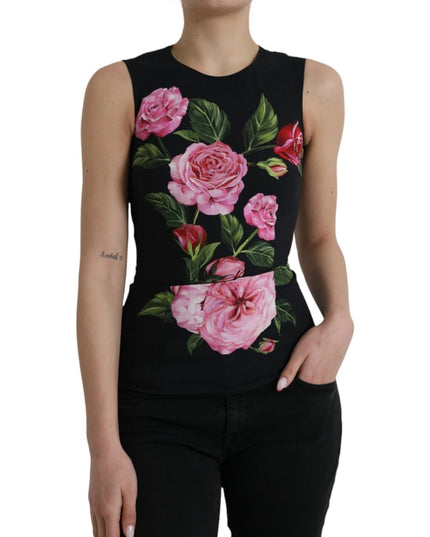 Dolce & Gabbana Black Floral Viscose Round Neck Tank Top