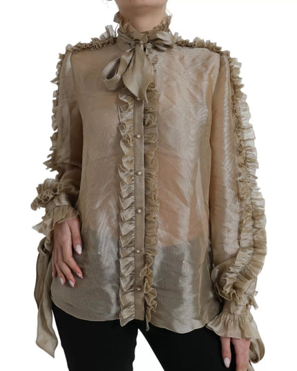 Dolce & Gabbana Gold Ascot Collar Ruffles Blouse Top