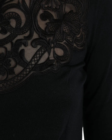 Dolce & Gabbana Black Silk Lace Trim Long Sleeves Blouse Top