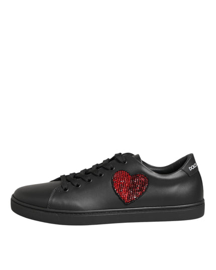 Dolce & Gabbana Black Leather Crystal Heart Sneakers  Shoes