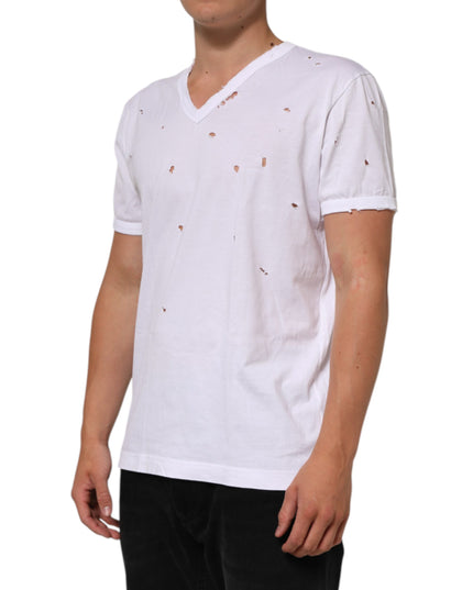 Dolce & Gabbana White Distressed Cotton V Neck Men T-shirt