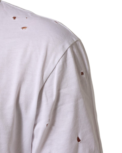 Dolce & Gabbana White Distressed Cotton V Neck Men T-shirt