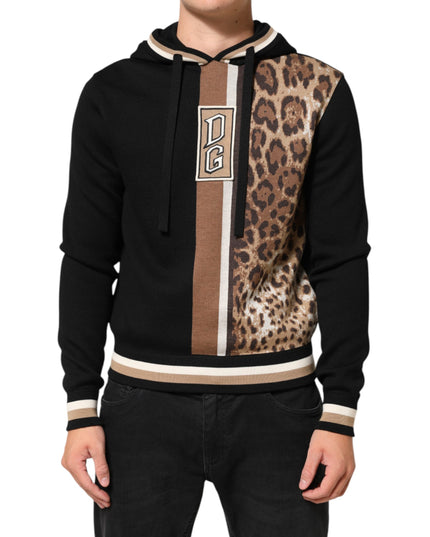 Dolce & Gabbana Black Leopard Logo Hooded Sweatshirt Sweater
