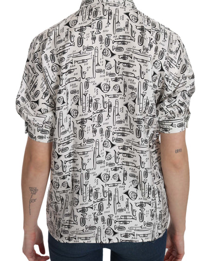 Dolce & Gabbana White Musical Instrument Collared Blouse  Shirt