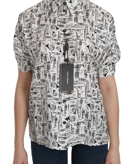 Dolce & Gabbana White Musical Instrument Collared Blouse  Shirt