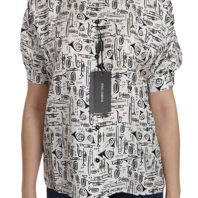 Dolce & Gabbana White Musical Instrument Collared Blouse  Shirt