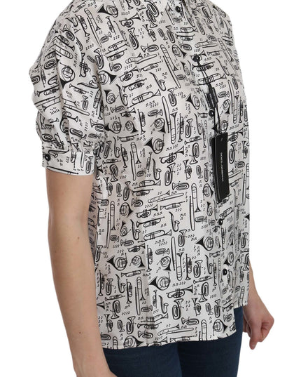 Dolce & Gabbana White Musical Instrument Collared Blouse  Shirt