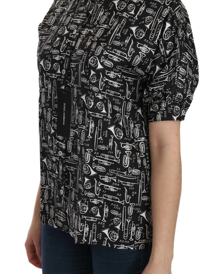 Dolce & Gabbana Black Musical Instrument Collared Blouse Shirt