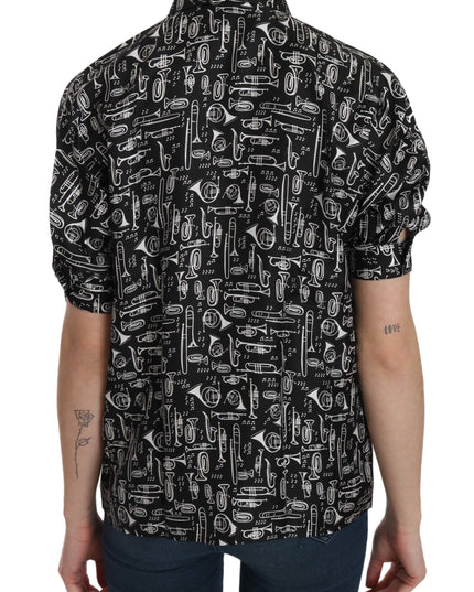Dolce & Gabbana Black Musical Instrument Collared Blouse Shirt