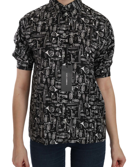 Dolce & Gabbana Black Musical Instrument Collared Blouse Shirt