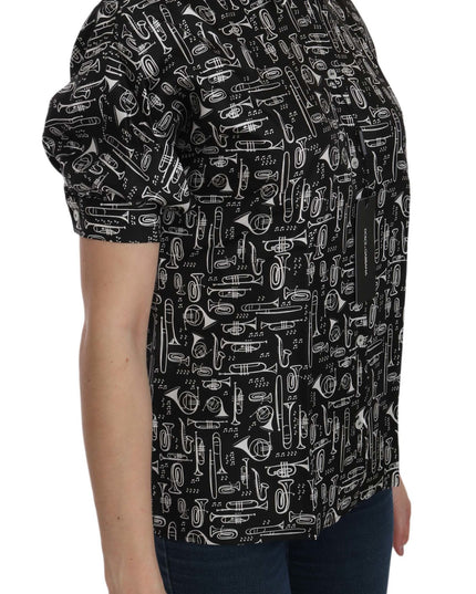 Dolce & Gabbana Black Musical Instrument Collared Blouse Shirt