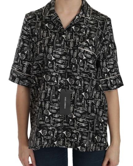 Dolce & Gabbana Black Musical Instrument Print Silk  Top