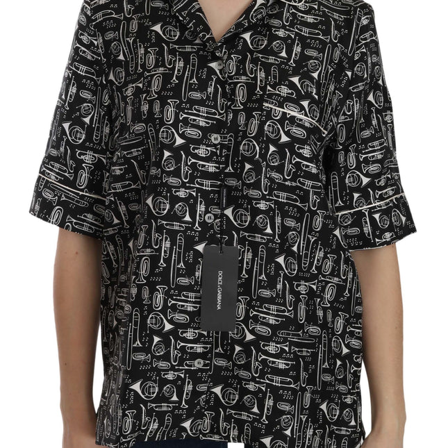 Dolce & Gabbana Black Musical Instrument Print Silk  Top
