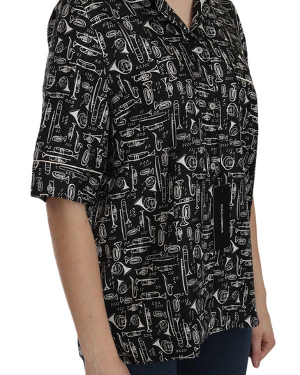 Dolce & Gabbana Black Musical Instrument Print Silk  Top