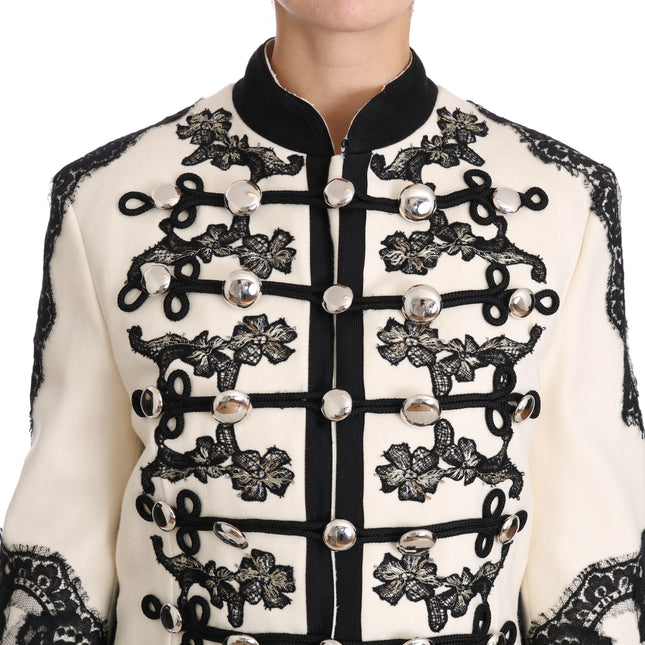 Dolce & Gabbana White Wool Black Floral Baroque Jacket