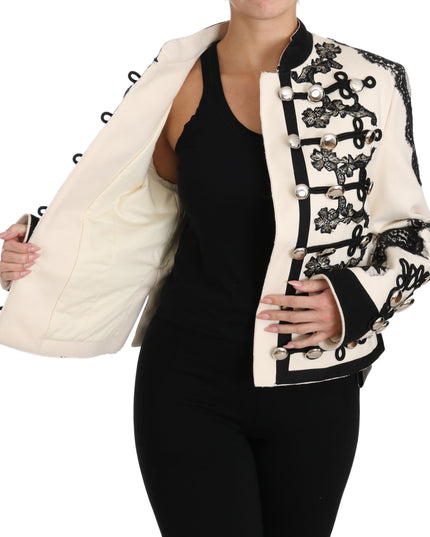 Dolce & Gabbana White Wool Black Floral Baroque Jacket
