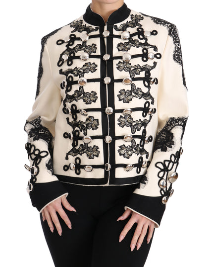 Dolce & Gabbana White Wool Black Floral Baroque Jacket