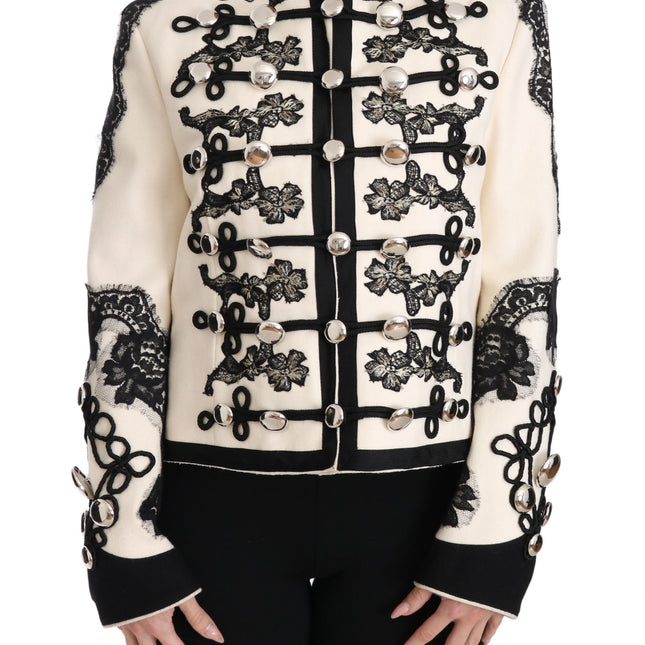Dolce & Gabbana White Wool Black Floral Baroque Jacket