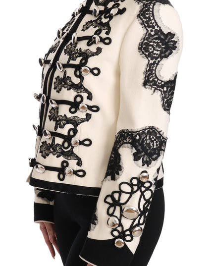 Dolce & Gabbana White Wool Black Floral Baroque Jacket
